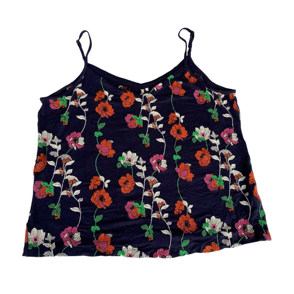 Anthropologie Floral Embroidered Camisole Navy Blue V-Neck Cami XL OB1016830